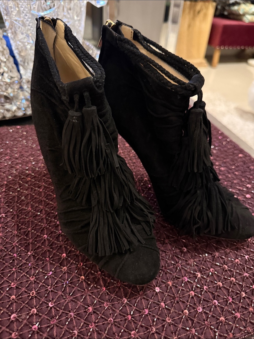 Jimmy Choo Black Suede Tassel Fringe Ankle Booties 6.5